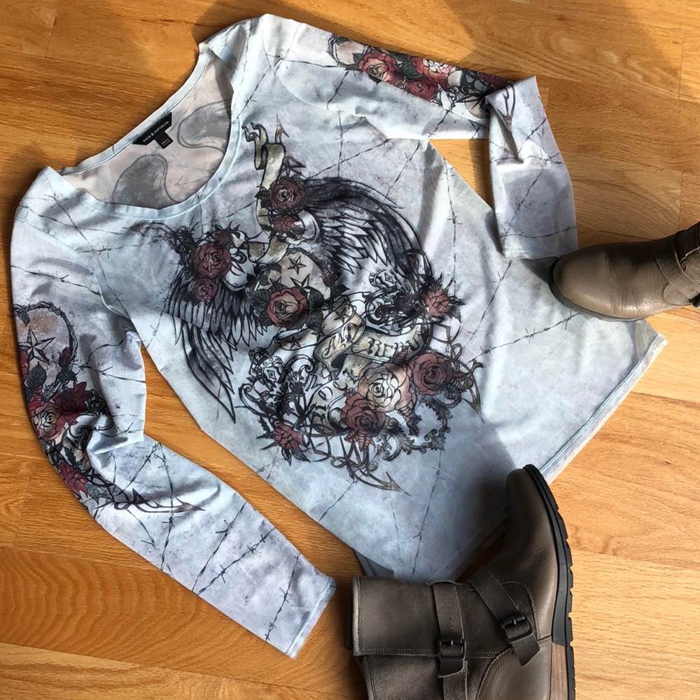 Rock & Republic Lg sleeve sheer tatoo graphic tee